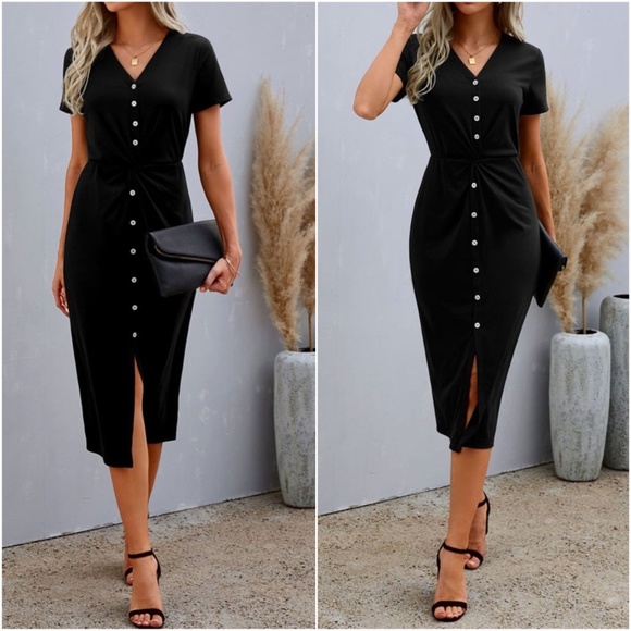 BellanBlue Dresses & Skirts - Solid Black Button up Short Sleeve Midi Dress